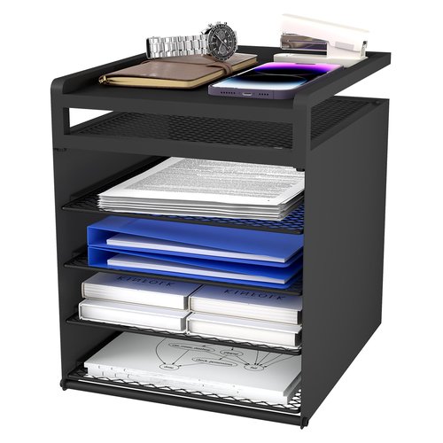 Aothia Desk Organizer with 4 Sliding Trays – Metal File Organizer for Desktop, Hanging Under Desk Organizer and Paper Tray Shelf, Space-Saving Office Document Sorter, Black