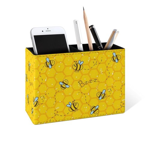 Famame Honeycomb Cute Bee Pencil Holder for Desk, Leather Desktop Container Pen Cup Storage Study Table Pen Organizer Makeup Brushes Holder for Office Home