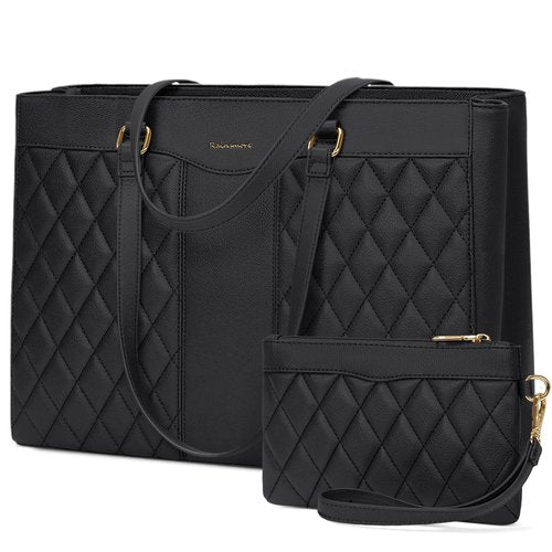 RAINSMORE Laptop Bag for Women 15.6 Inch Work Tote Bags Leather Laptop Tote Professional Laptop Purse Computer Handbag Womens Briefcase Tote with Clutch for Teacher Office Travel, Black