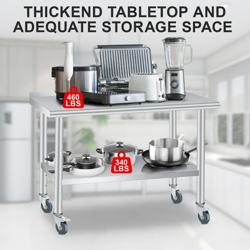 Stainless Steel Table for Prep & Work 60 x 24 Inches with Backsplash and 4 Caster Wheels Commercial Heavy Duty Kitchen Worktable with Adjustable Under Shelf for Restaurant Business Home Outdoor