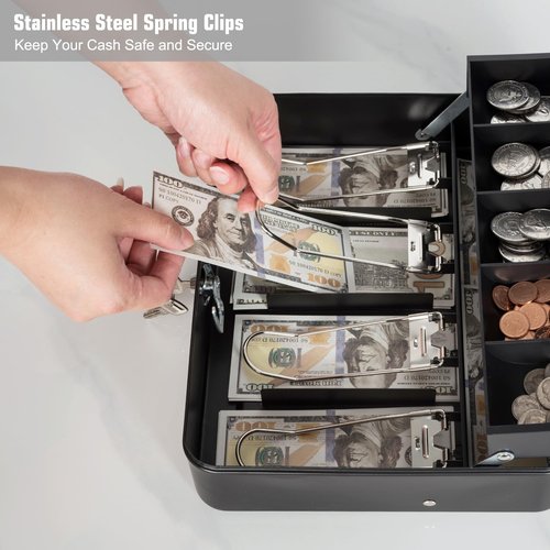 Cash Box with Key Lock and Money Tray - Metal Money Box for Cash Register, Large Cash Lock Box for Money Safe with 100PCS Coin Wrappers Assorted