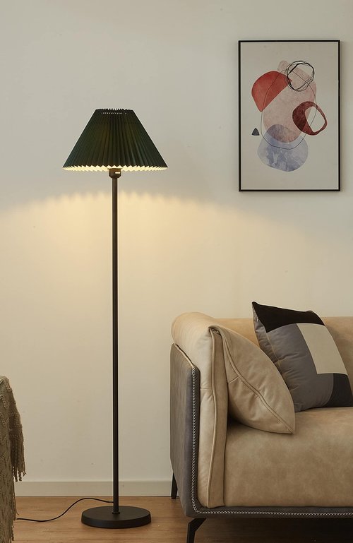 Modern Elegant Black Pole Floor Lamp Simple Design Tall Lamp with Dark Green Shade Standing Lamp with LED Bulb for Living Room and Bedroom
