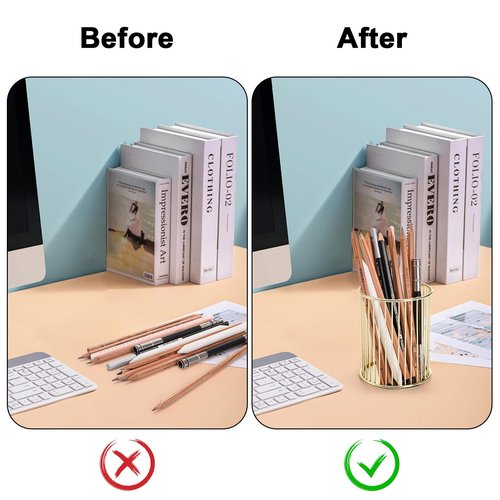Yopay 4 Pack Pencil Cups, Round Wire Metal Pen Cups Makeup Brush Holder, Cylindrical Desktop Organizer Office School Home Supplier, Golden, 3.94" H × 3.15" D