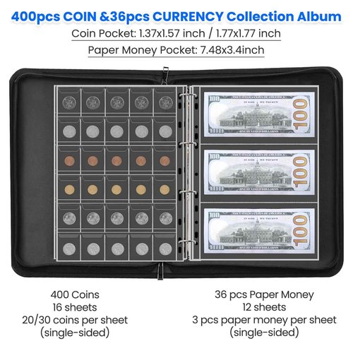 Coin Collection Supplies Holder for Collectors with Handle, Fireproof 400 Pockets Coin Collection Book & 36 Paper Money Organizer Binder for Coin Currency Collection Supplies,Pennies (Black)