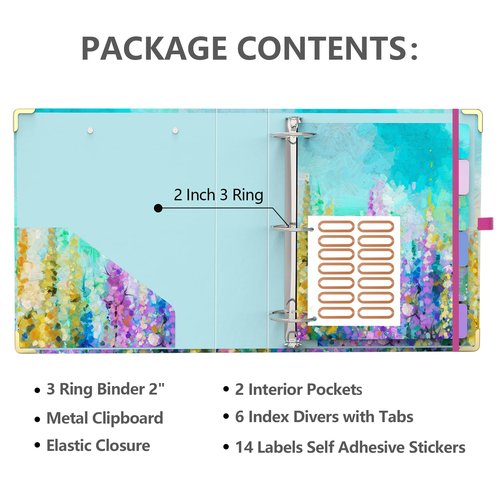 3 Ring Binder 2 Inch Ring, 2 Interior Pockets, 6 Tab Dividers, Low Profile Clipboard with Storage, Fashion Cute Binder and Labels Stickers for School Office (Purple Oil Painting)