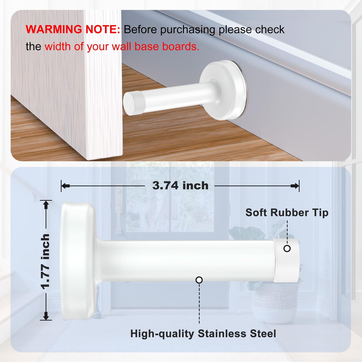 2 Pack Door Stops, Stainless Steel Door Stoppers, No Drilling Door Stops for Bottom and Top of Door, All White
