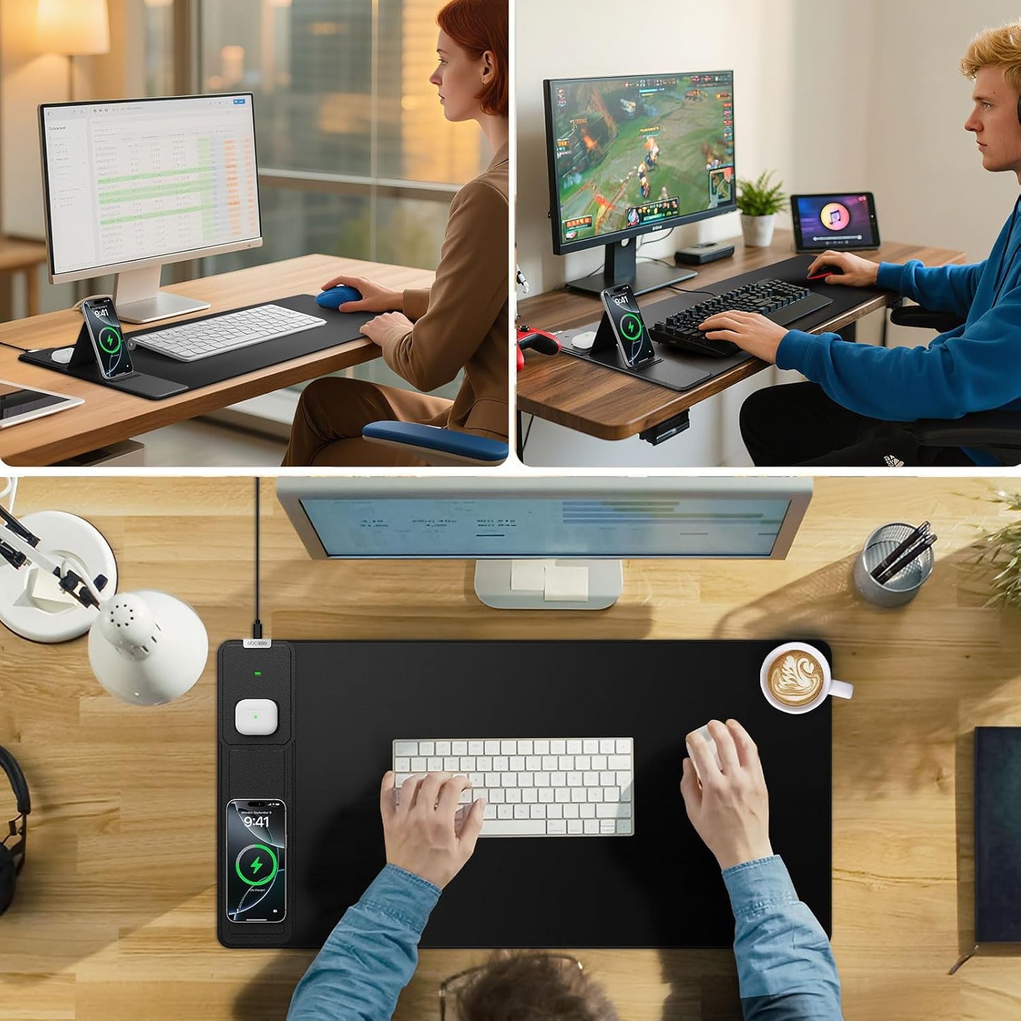 Wireless Charging Mouse Pad - Foldable Phone Holder | Large 31.5"x15.8" Desk Mat, Waterproof & Non-Slip, Black