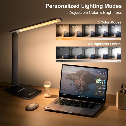 Shinelife LED Desk Lamp - Adjustable Dimmable Light with USB Charging | 5 Modes & Brightness Levels, Black