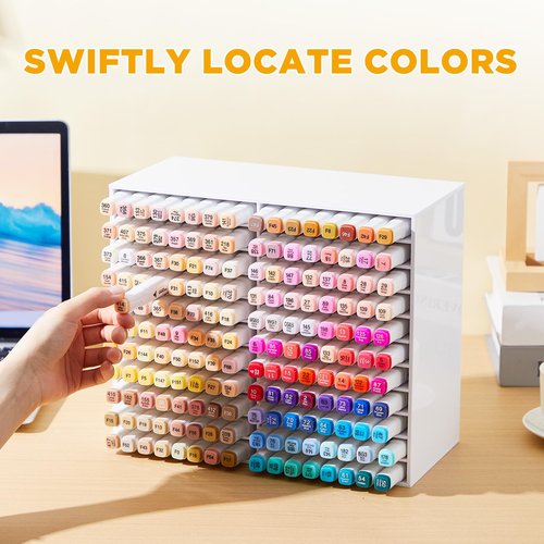 MotiMind Acrylic Marker Organizer for 176 Marker, Large Art Pencil Holder Storage Rack for Desk, Pens Art Brushes Display Stand with 22 Compartments for Desktop, Office (White, 176 Capacity)