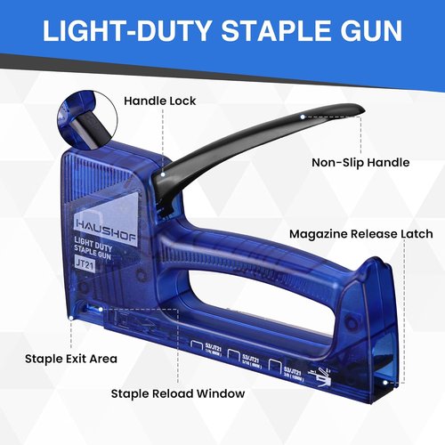 HAUSHOF Light Duty Staple Gun - Upholstery Tool with 800 JT21 Staples & Remover | Fits 1/4'', 5/16'', 3/8''