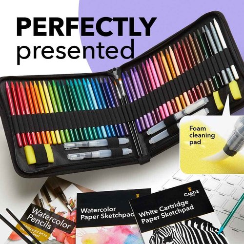 Castle Art Supplies 60 Piece Woodless Watercolour Pencils Set | 48 Solid Premium Pigmented Pencils Plus Extras | All Core, No Wood | For Adult Artists, Starters, Colourists | In Strong Fabric Case