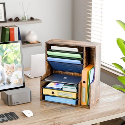 Skiennix 7-Tier Desk File Organizer - Wooden Letter Tray with Adjustable File Holder | Office Supplies Storage