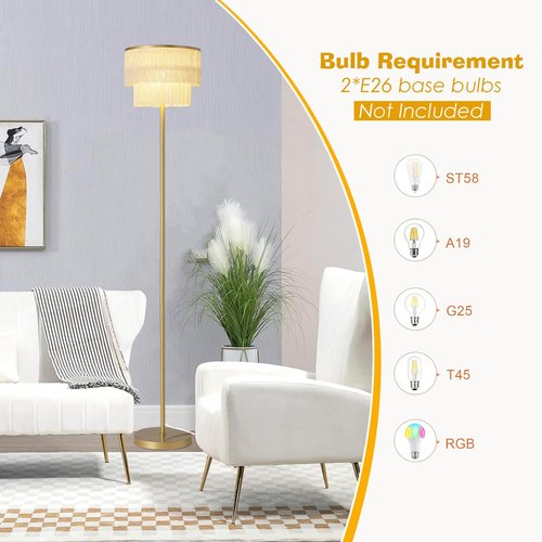 YEPOLI 2 Light Gold Boho Floor Lamp with 2-Tier Tassels/Fringe Lampshade,66" Tall Mid Century Standing Bedroom Lamp,Soft Lighting Nursery Floor Lamp for Bedroom Livingroom