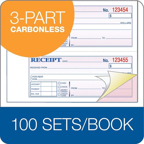 Adams Money and Rent Receipt Book, 3-Part, Carbonless, White/Canary/Pink,7 5/8" x 10 7/8", 100 Sets per Book, 5 Books, 500 Sets Total (TC1182)
