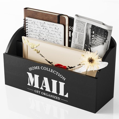 First-zgel Mail Organizer Countertop, Wood Mail Holder with 2 Slots, Rustic Mail Basket Mail Sorter for Wall, Bill Envelope Letter Holder for Home Office (Black