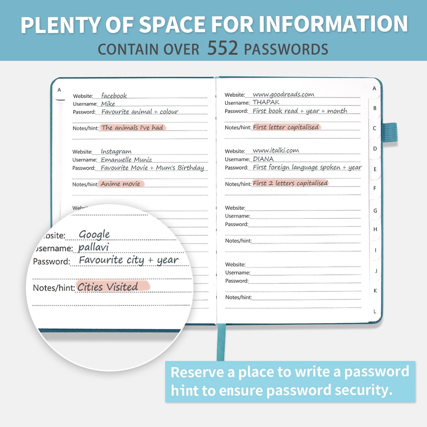 Password Book with Alphabetical Tabs, Hardcover Password Keeper, Password Notebook Organizer for Computer and Internet Address Website Login, Gifts for Home and Office, 5.3''x 7.7''- Blue
