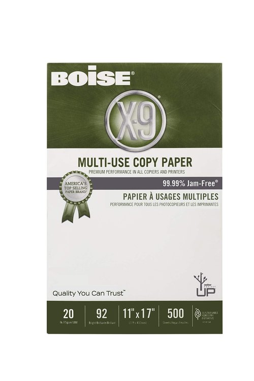 Boise Paper X-9 Multi-Use Copy Paper, 11" x 17" Ledger, 92 Bright White, 20 lb, 5 Ream Carton (2,500 Sheets)