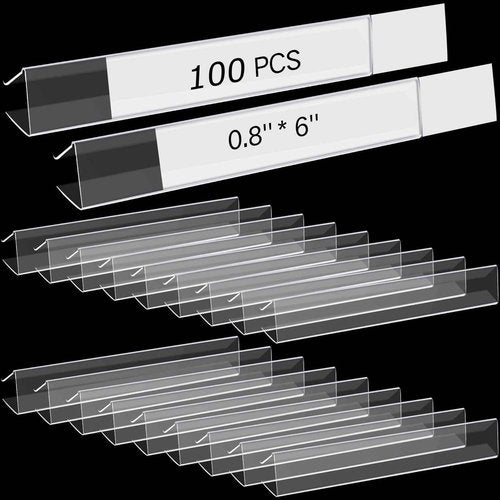Teling 100 Pieces Shelf Label Holder, Clear Plastic 0.875'' x 6'' Shelves Clip Wood Tags Ticket Sign Label Metal Holders for 0.75'' Thick Shelves Includes Matched Blank Inserts Offices Libraries
