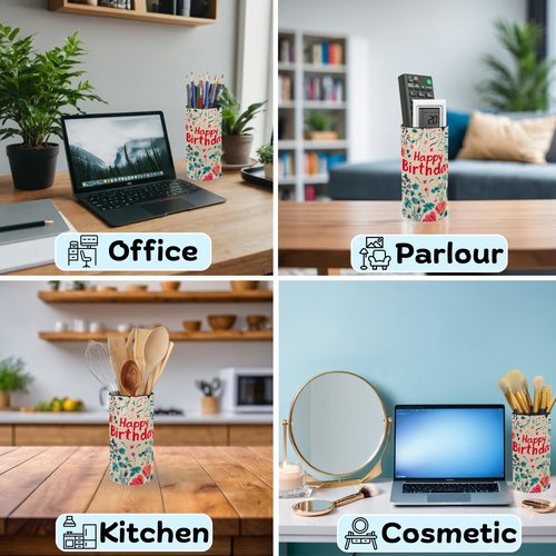 otnrnondcl Music Box Pen Holder Stand for Desk, Iron & Leather Pencil Makeup Brush Organizer, Rotating Musical Figure Present for Home, Birthday (Birthday Flowers - Christmas Song)