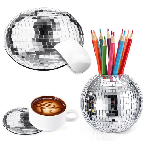 Teenyyou 4 Inch Disco Ball Pen Holder 8 Inch Silver Disco Ball Mouse Pad 4 in Coasters for Desk Accessories Decor Makeup Brush Holder Organizer Pencil Cup Flower Vase for Office Classroom Home Decor