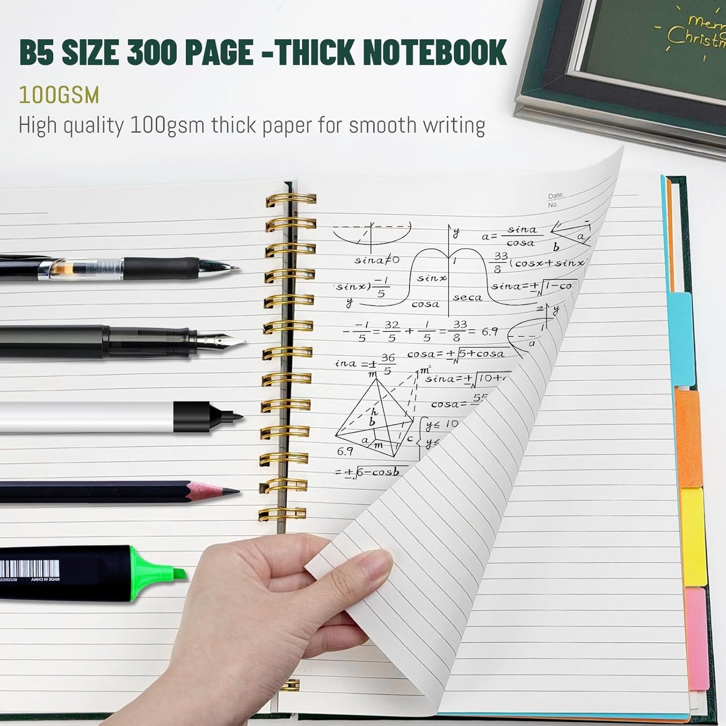 Skiennix Hardcover Spiral Notebook - 300 Pages, 5 Subject with Removable Dividers | Black 8"x10" College Ruled Journal for Work and Note Taking