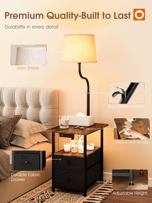 addlon Floor Lamp Side Table with Night Light,Night Stand with Charging Station and LED Bulb, 3-Color Adjustable Lighting Beside Table with 2 Deep Drawers, End Tables Living Room,Bedroom-Rustic Brown