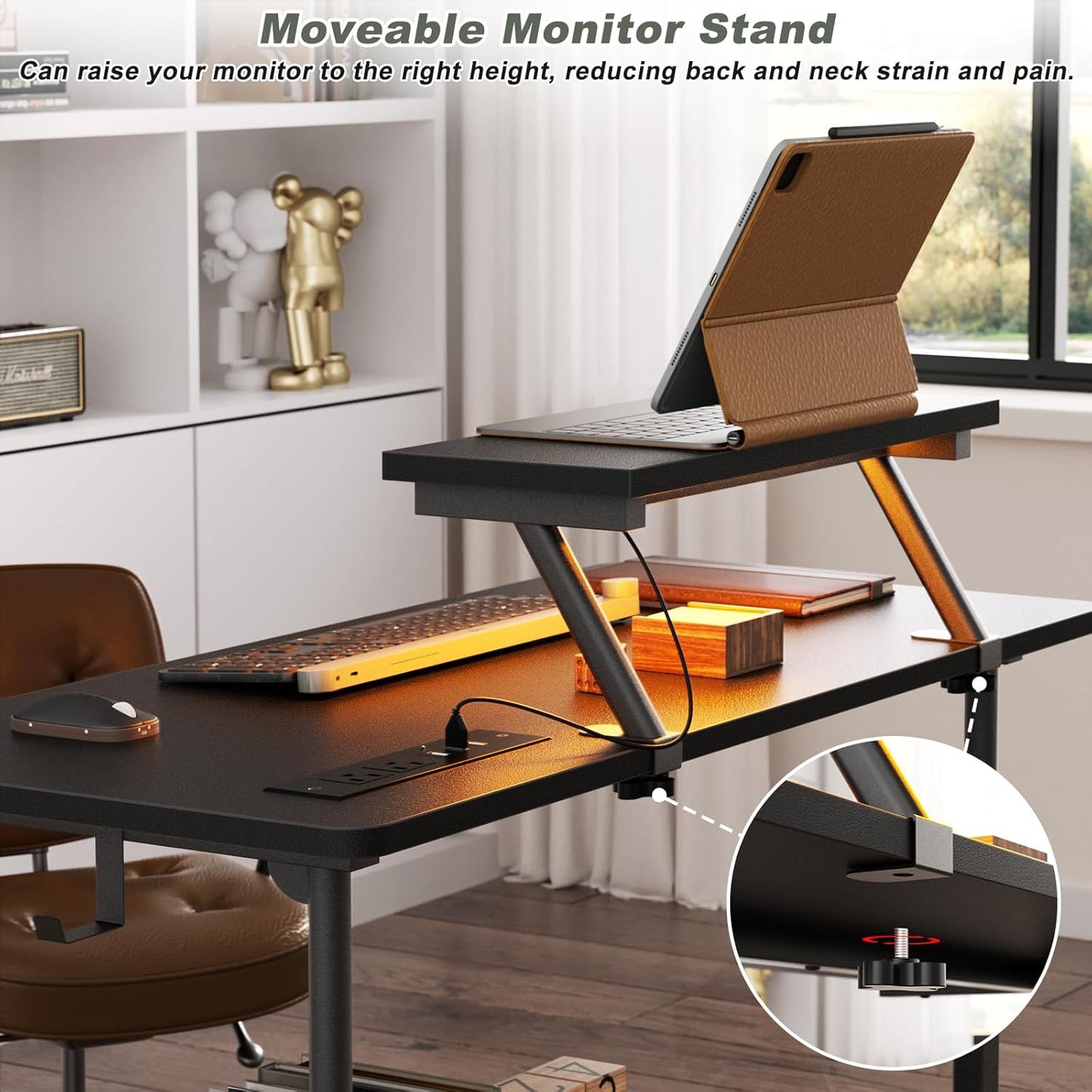 Skiennix Height Adjustable Standing Desk - 32" Manual Desk with Power Outlets & LED Lights | Portable Black Laptop Table