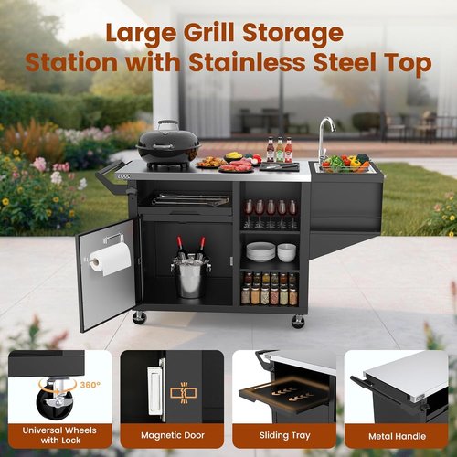 NUUK Grill Cart - Outdoor Kitchen Island with Sink & Storage Cabinet | Stainless Steel Top