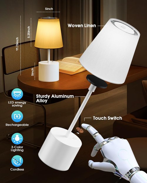 Swinerton Cordless Table Lamp, 5000mAh Rechargeable Battery with 3-Level Dimmer, Portable LED Desk Lamp for Living Room Bedside Bedroom Restaurant Bars Outdoor Party Camping Coffee Shop