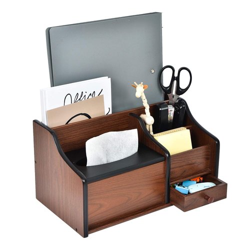Liry Products Cherry Brown Wood Desk Organizer Tissue Box Lid Multiple Slots Drawer Tabletop Storage Cabinet Solid Wood Phone Tablet Remote Control Holder Office Supplies Caddy Accessory Sorter Home