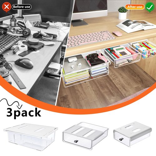 3 Pack Under Desk Drawer Organizer, Slide Out Desk Drawer, Clear Plastic Drawer Under for Office, School, Home, Hidden Desktop Organizer Pen Holder for Self-Adhesive (Clear, 3 Size)