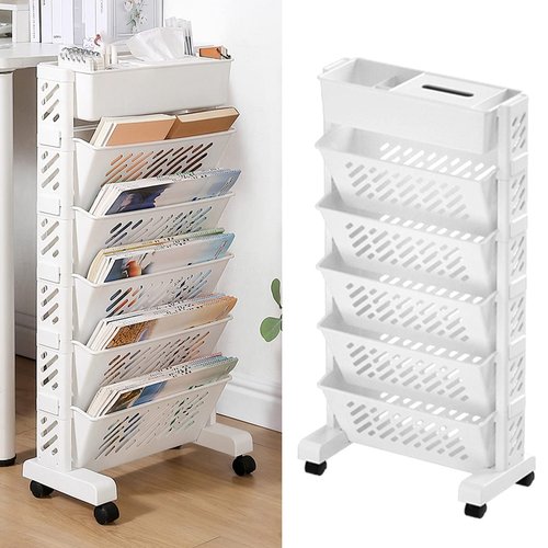 RWUDV Movable Deskside Bookshelf Book Rack Storage Bookshelf Rolling Book Cart Compact Desk Storage Organizer with Caster Wheels Corner Display Rack Multi Purpose Rolling Cart(5 Layer)