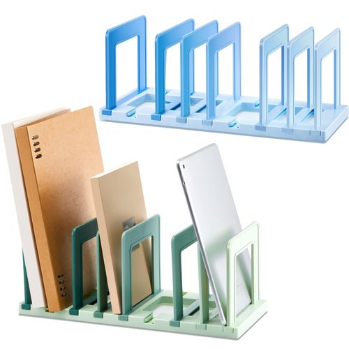 Suzile 2 Pack Adjustable Vertical File Organizer for Desk, 6 Compartments Plastic Folder Sorter with Expandable Divider, Upright File Holder for Books Magazines Office Supplies(Gradient Blue Green)