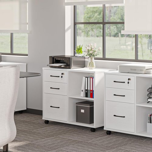 3 Drawer File Cabinets, Mobile Lateral Printer Stand with Open Shelf, Rolling Filing Cabinet with Wheels Home Office Organization and Storage (White)