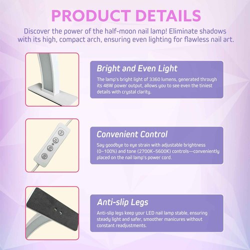 XOLLOZ Half Moon Nail Desk Lamp – 3360 Lumen LED Light for Nail Techs, Tattoo & Lash Work, Moon Light for Desk – Sleek White Design, Button Control
