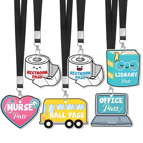 6 Set Hall Passes for Classrooms Wooden Hall Pass Lanyards Unbreakable School Passes for Hall Library Restroom Nurse Office School Classroom Supplies