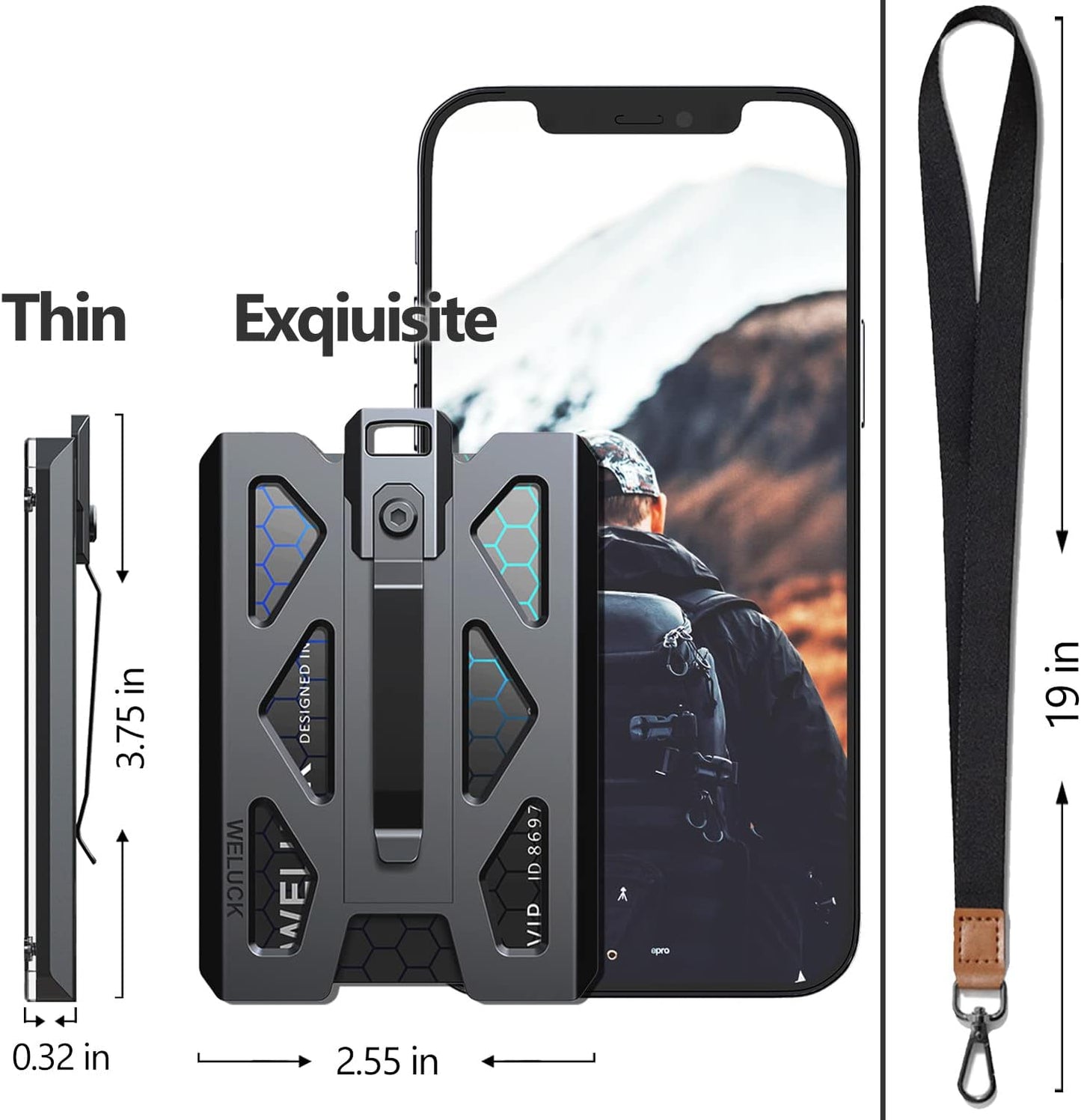 WELUCK Durable Aluminum ID Card Holder Wallet - 4 Cards/ID Badges with Lanyard & Metal Clip | Black