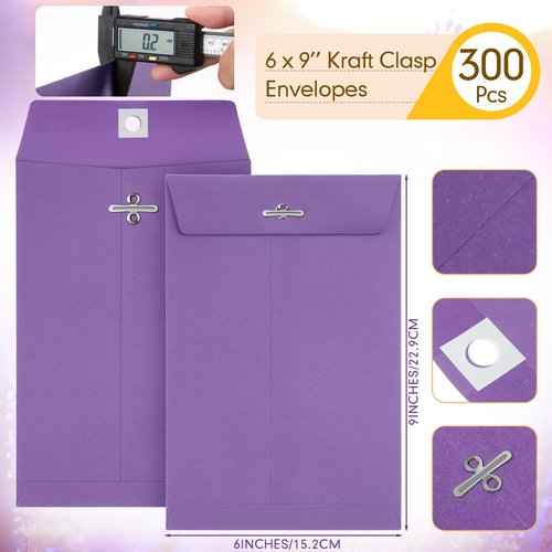 300 Pcs 6 x 9 Manilla Envelopes Clasp Kraft Catalog Envelope with Clasps Closure for Storing Mailing 28 lb Kraft Paper for Office Document Business School(Purple)