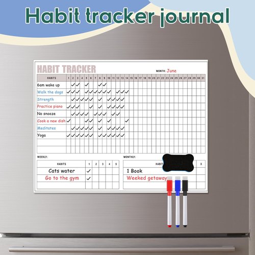 Maitys Habit Tracker Workout Journal 12 x 16 Inch Magnetic Workout Tracker Motivation Dry Erase Goal Habit Calendar for Refrigerator Whiteboard with 3 Marker Pens and 1 Eraser