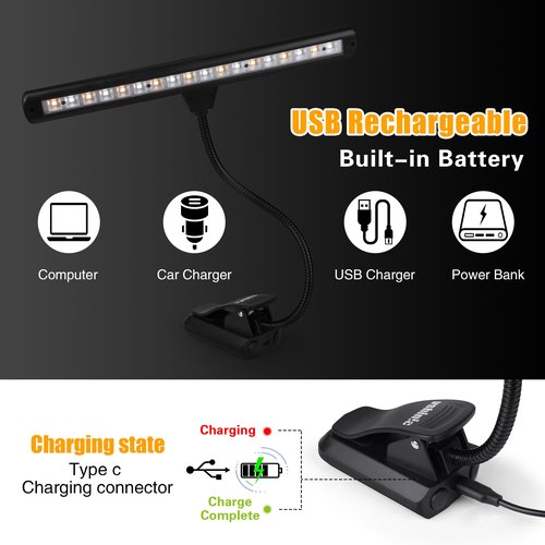 Vshinic Clip On Music Stand Light,18LED Rechargeable Piano Light, Orchestra Light 3 Colors & 2 Levels Brightness Settings,Perfect for Piano, Keyboard,Orchestra,DJ,Craft and Reading
