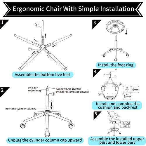 BOJUZIJA Ergonomic Drafting Chair,Standing Computer Desk Chair,Foot Ring,Lumbar Support,Swivel Task Chair -Grey