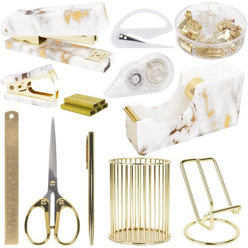 Office Desk Accessories Supplies - 13 Pcs Women Gold Marble Desk Decor Set, Cute Aesthetic Office Essentials Kit, Stapler Tape Dispenser Pen Organizer, Acrylic Mini Teacher Stuff for School Home Work