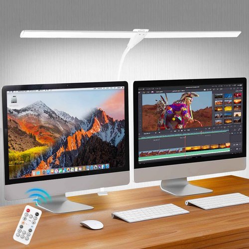 Peloite LED Desk Lamp for Home Office, 50 Brightness & Temperature Modes, Eye Protection, Dual Head Dimmable Table Light, 360° Adjustable Gooseneck with Clamp Remote Control, 90% Energy Saving (White)