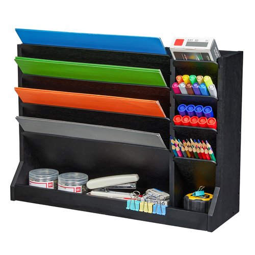Dmticoasis 4-Tier Wall File Organizer with Pencil Holder & Bottom Tray – Hanging Mail Holder for Office, Countertop/Desk Storage for Home Office Supplies, Black