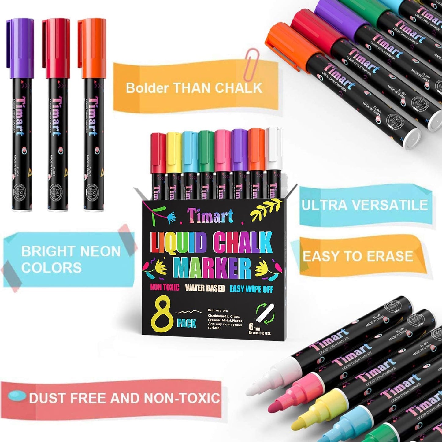 Timart Liquid Chalk Markers - 6mm Bold Tip Dry Erase Pens for Chalkboards & Windows | Classic Reversible Tip