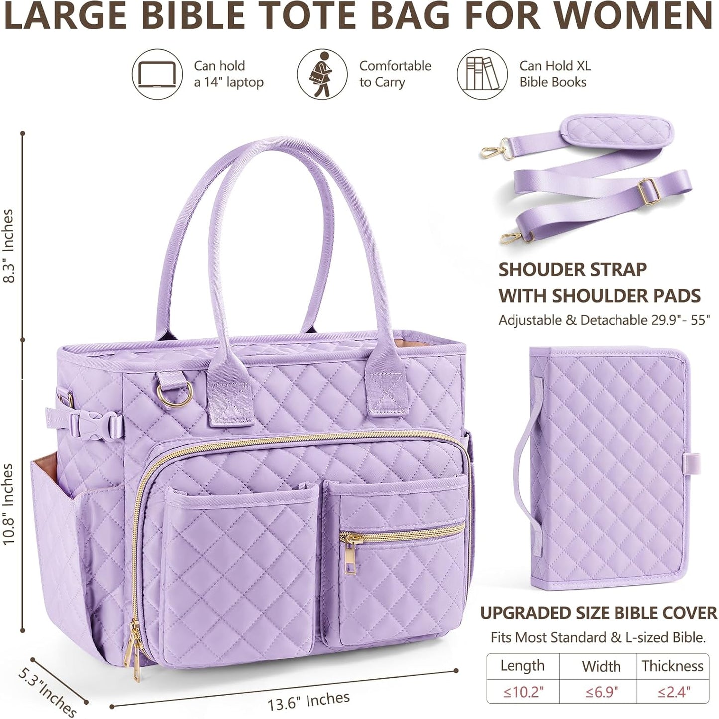 Skiennix Large Bible Bag - Quilted Church Tote with Shoulder Strap | Perfect Christian Gift for Women