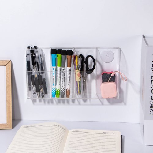 Yeeco Acrylic Remote Holder Wall Mount - 4 Compartment, Clear Acrylic Remote Control Holder, 10.4''1.6''5.6'' Wall Pen Holder, Pen & Makeup Key Organizer