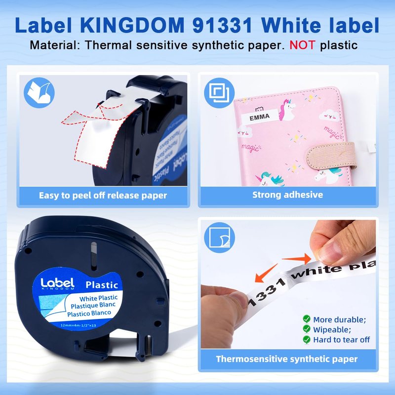 Compatible with Dymo LetraTag Label Maker Refills 91331 Plastic White Tape 12mm x 4m (1/2" x 13'), for Labeler Letra Tag 200B, LT 100T 100H Plus, 5-Pack Label KINGDOM Cartridges