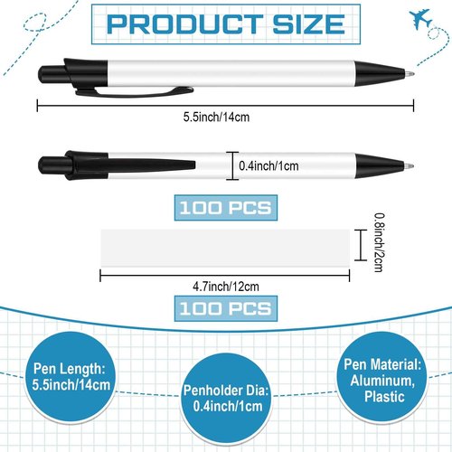 Yexiya Sublimation Pens Blank Heat Transfer Pen Sublimation Ballpoint Pen with Shrink Wrap White Aluminum Customized Clip Pen School Supplies for Christmas Office School Stationery Supplies (100 Sets)