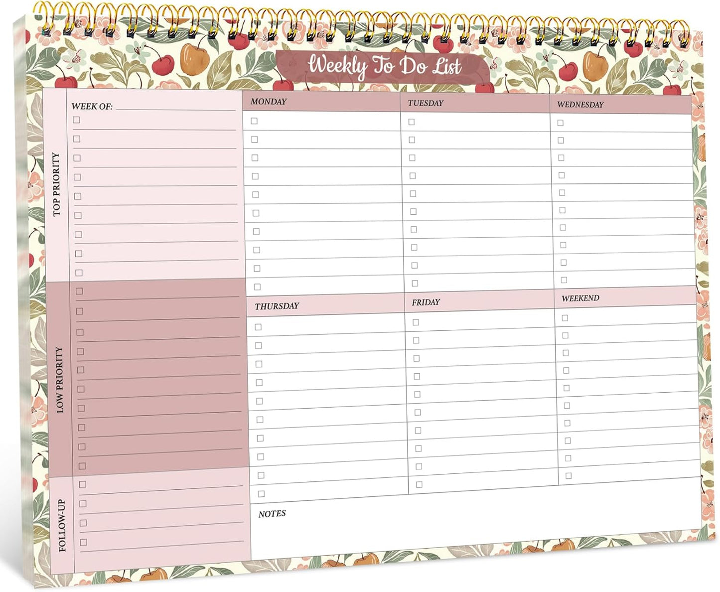 Taja Weekly To-Do List Notepad - 52 Undated Sheets | 8.5" x 11" Desk Planner for Work & Home - Cherry Orchard